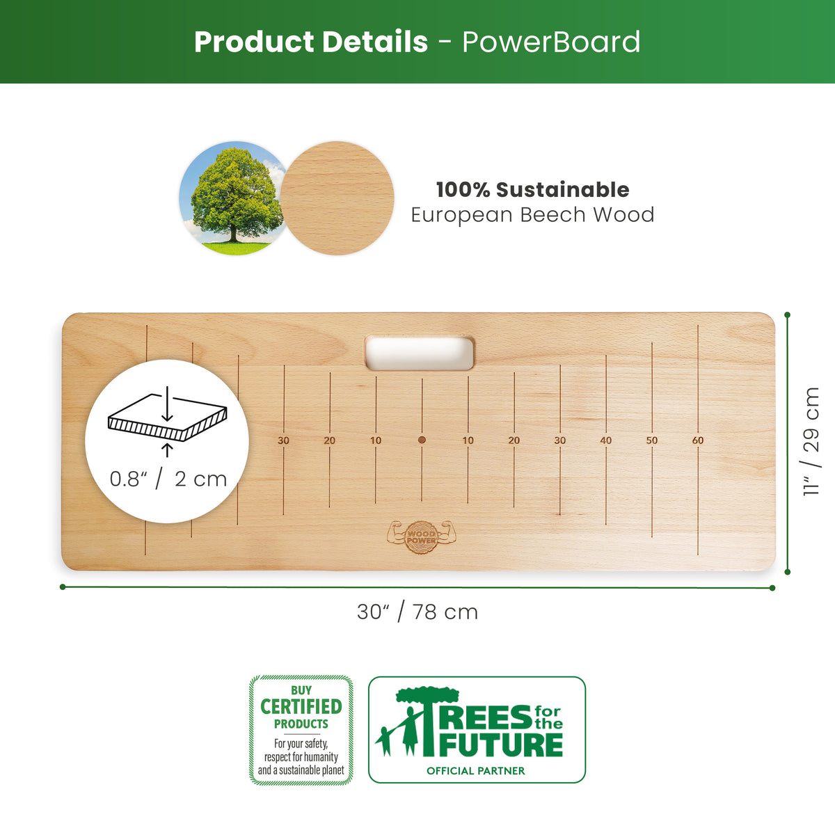 Placa Handstand, stat in maini si balans, WoodPower® PowerBoard, Lemn natural