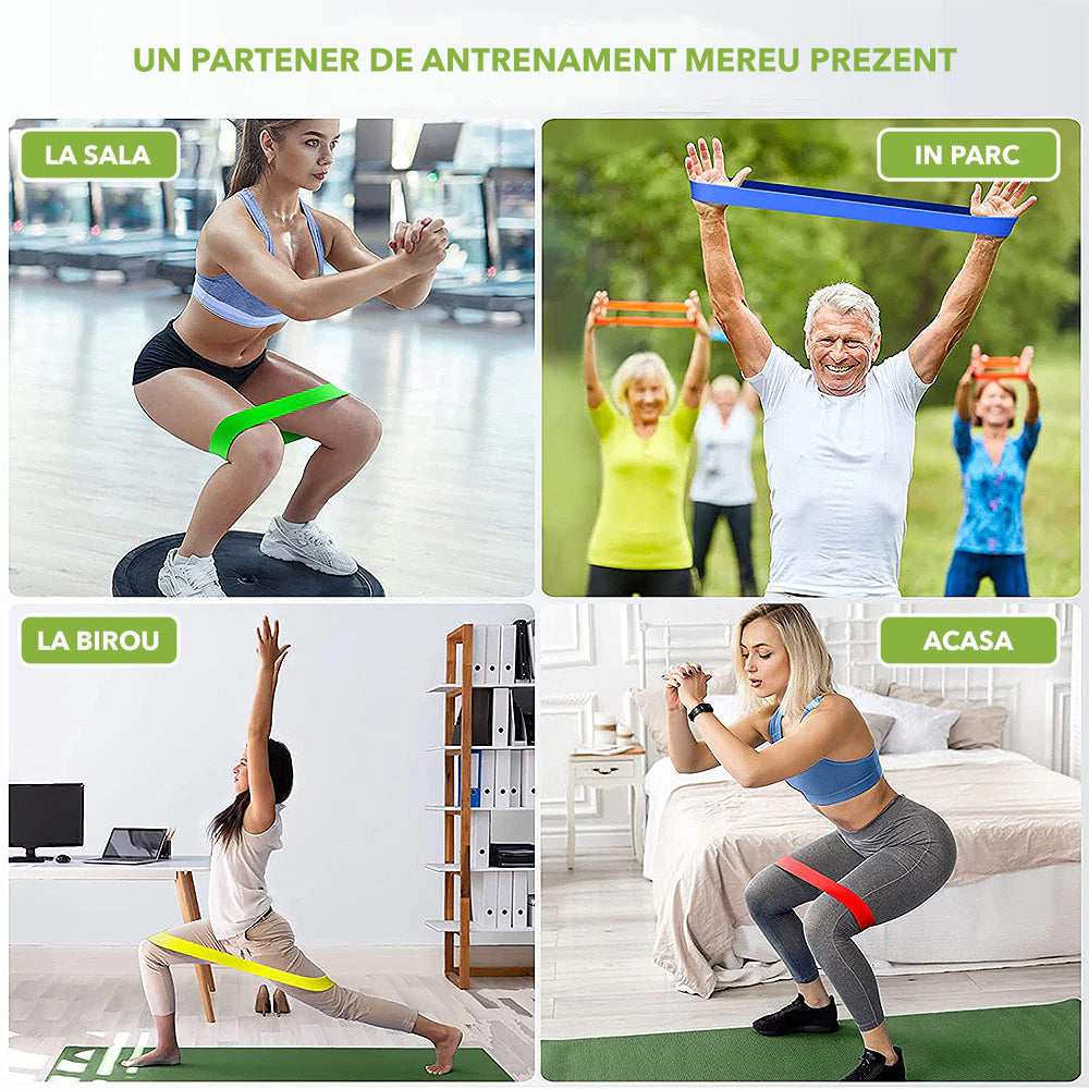 Set de benzi elastice de rezistenta pentru yoga & fitness, marca FeetUp®, din Latex natural, 3 niveluri de dificultate